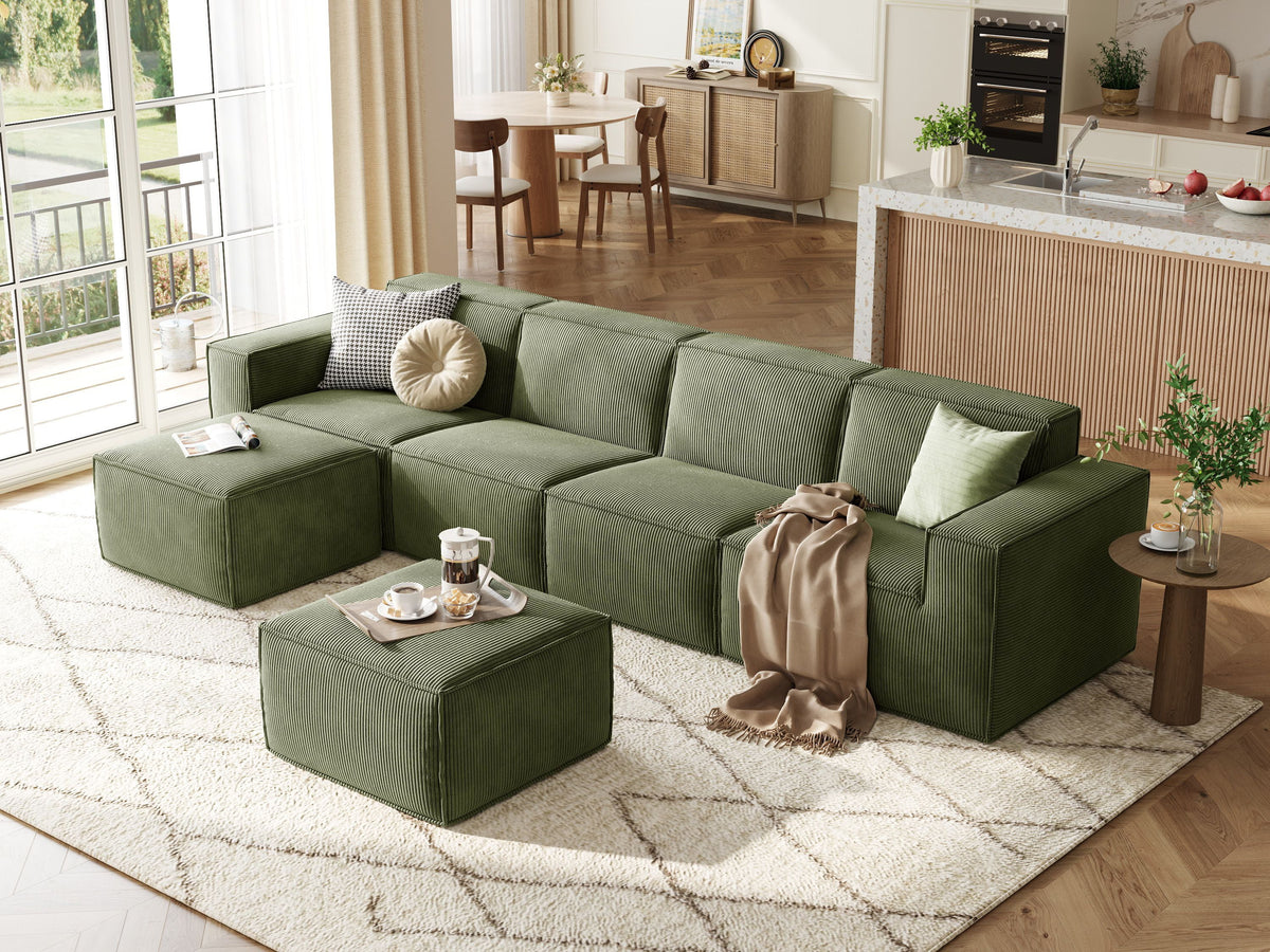  133.4" Modular Cloud Sectional Sofa for Living Room, U-Shaped Sofa Couch with Corduroy Fabric, 4 Seat Oversized Sofa with Movable 2 Ottomans, Green