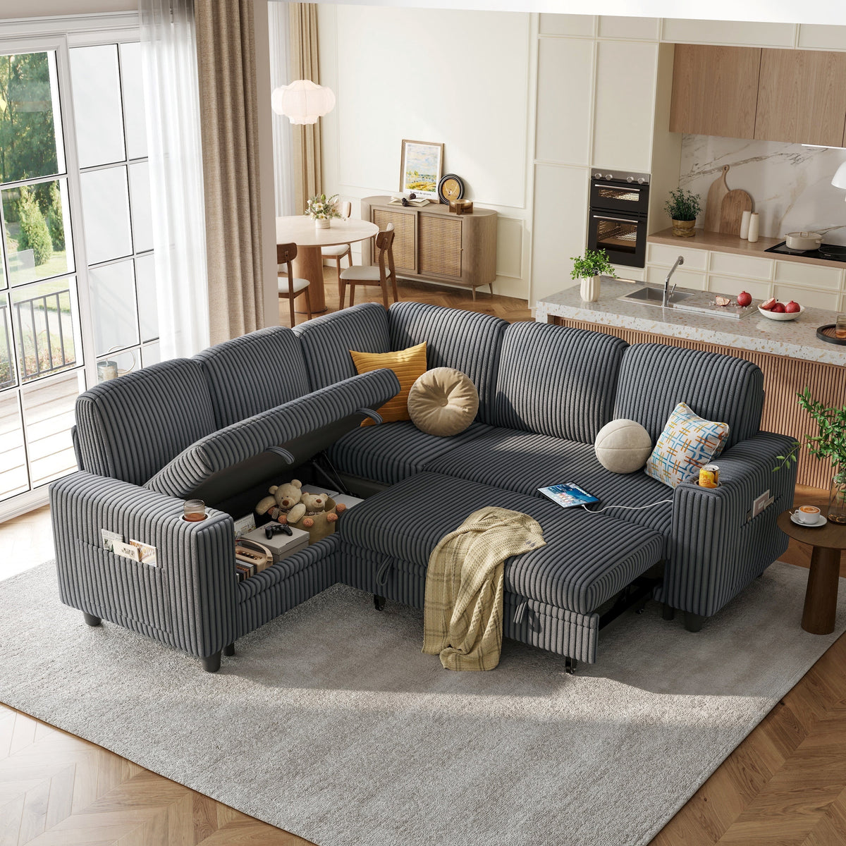  L Shaped Sectional Couches for Living Room, Sleeper Sofa Bed with Storage Seat, Pull Out Couch Bed with Cup Holder, Dark Gray