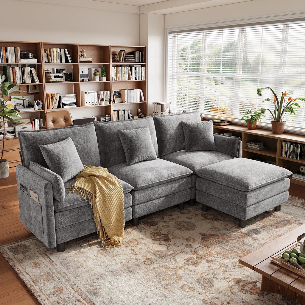 SOLIA 98" L-Shaped Cloud Modular Sectional Couch Chenille with Movable Ottoman