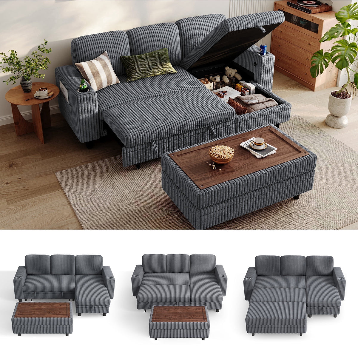 SOLIA 6-Seat L-Shaped Sleeper Sectional Sofa Bed with Storage Ottoman