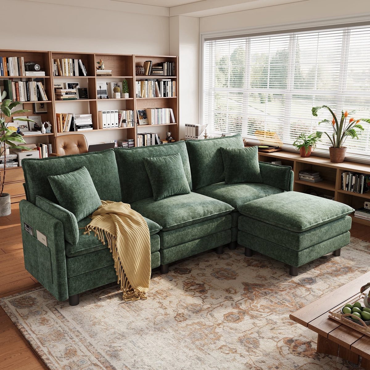  98" L-Shape Modular Sectional Sofa with Moveable Ottoman, Cloud Couch Seats 3 for Living Room, Apartment, Green