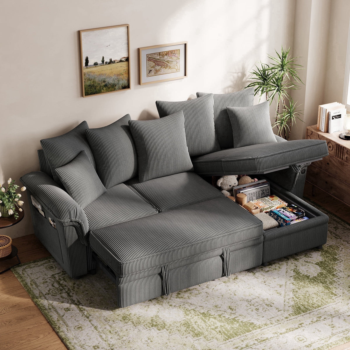  90.5" Sectional Sleeper Sofa With Pull Out Bed, Storage Chaise & USB Charging, Pull Out Couch with Side Pocket & Two Pillows for Living Room, Corduroy Grey