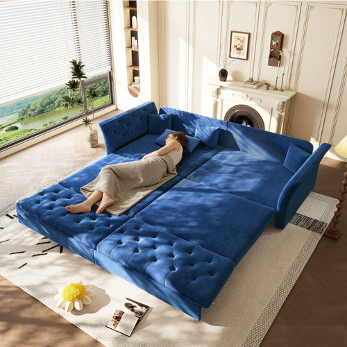  100" Pull Out Sofa Bed King Size, Loveseat Sleeper Sofa Couch Convertible Sofa Bed, Velvet Sofa for Living Room Blue