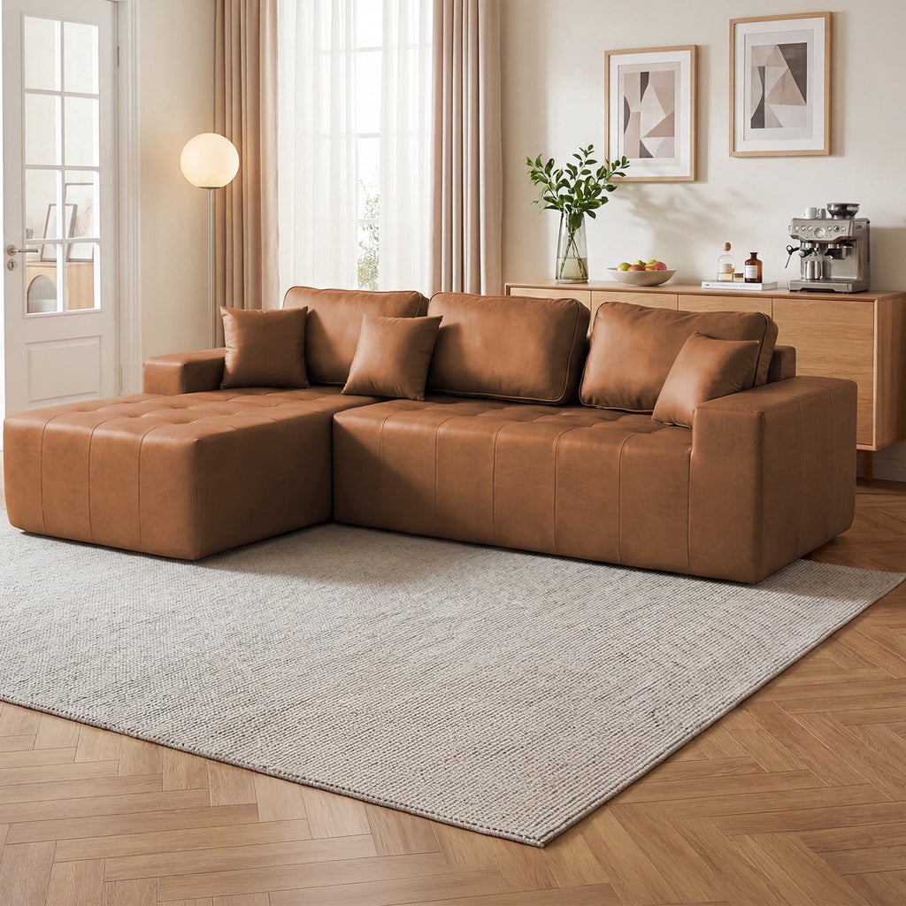  108" Sectional Sofa, Modular Sectional Couch with Right Chaise, Deep Seat Faux Leather Cloud Sofa for Living Room