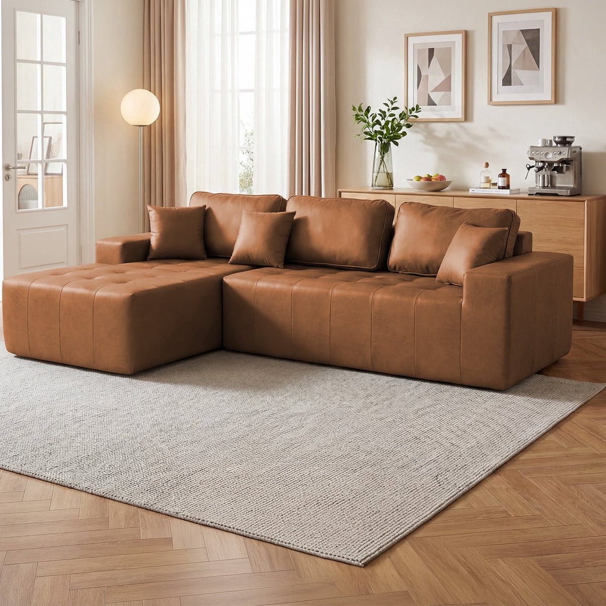  108" Sectional Sofa, Modular Sectional Couch with Right Chaise, Deep Seat Faux Leather Cloud Sofa for Living Room
