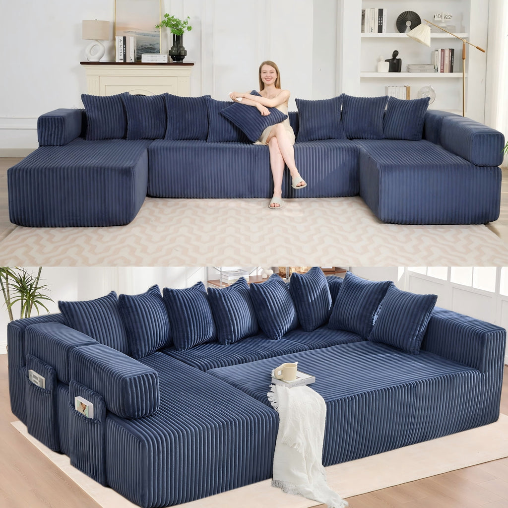  146" Sectional Sofa, U Shaped Sectional Couch with Chaise, 5 Seat Corduroy Sofa Convertible Sleeper Sofa Bed for Living Room Blue