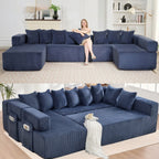  146" Sectional Sofa, U Shaped Sectional Couch with Chaise, 5 Seat Corduroy Sofa Convertible Sleeper Sofa Bed for Living Room Blue