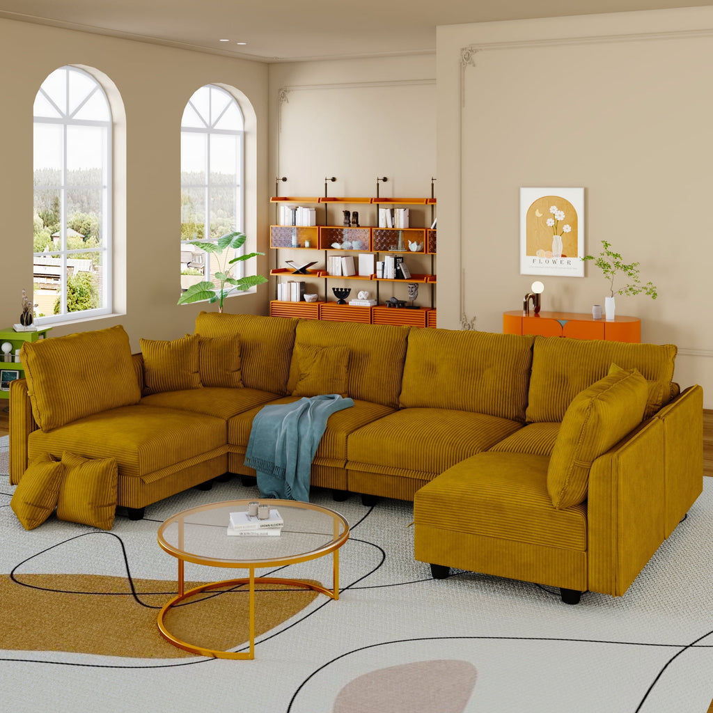  Modular Sectional Sofa, Modular Sectional Couch with Storage, 6 Seat Corduroy Oversized Sofa with 6 Back Cushion 6 Throw Pillow Yellow