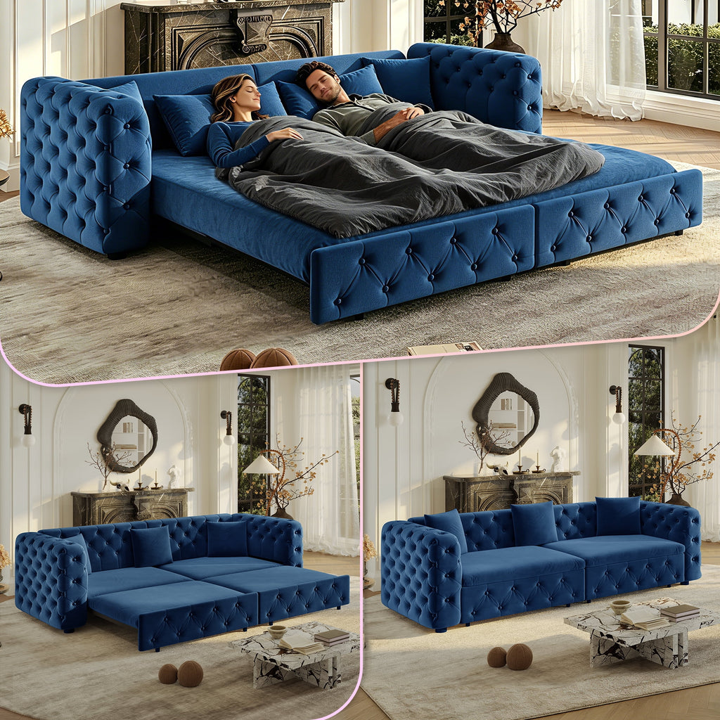  Pull Out Sofa Bed King Size, 89" Chesterfield Sofa Couch Convertible Sofa Bed, Velvet Loveseat Sofa with Tufted Design for Living Room Blue