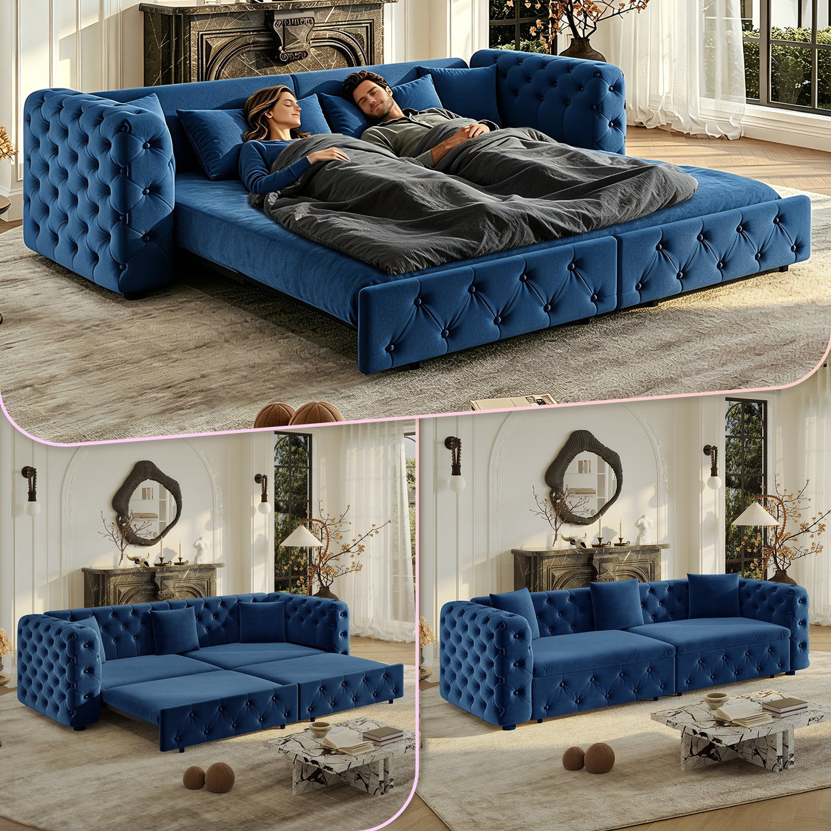 Pull Out Sofa Bed King Size, 89" Chesterfield Sofa Couch Convertible Sofa Bed, Velvet Loveseat Sofa with Tufted Design for Living Room Blue
