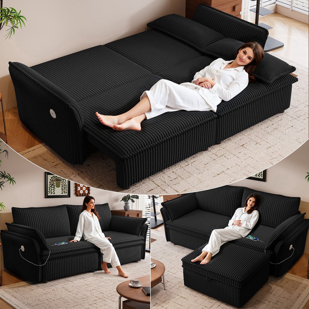  Pull Out Sofa Bed Queen Size, 85" Loveseat Sofa with Movable Ottoman, USB Charging Port, Corduroy Sofa Couch Convertible Sofa Bed for Living Room Black