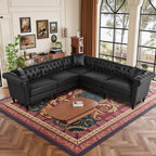  Sectional Sofa, 100" x 100" Chesterfield Sofa with Rolled Arms and Nailhead, 5 Seat Faux Leather Tufted Couch for Living Room Black