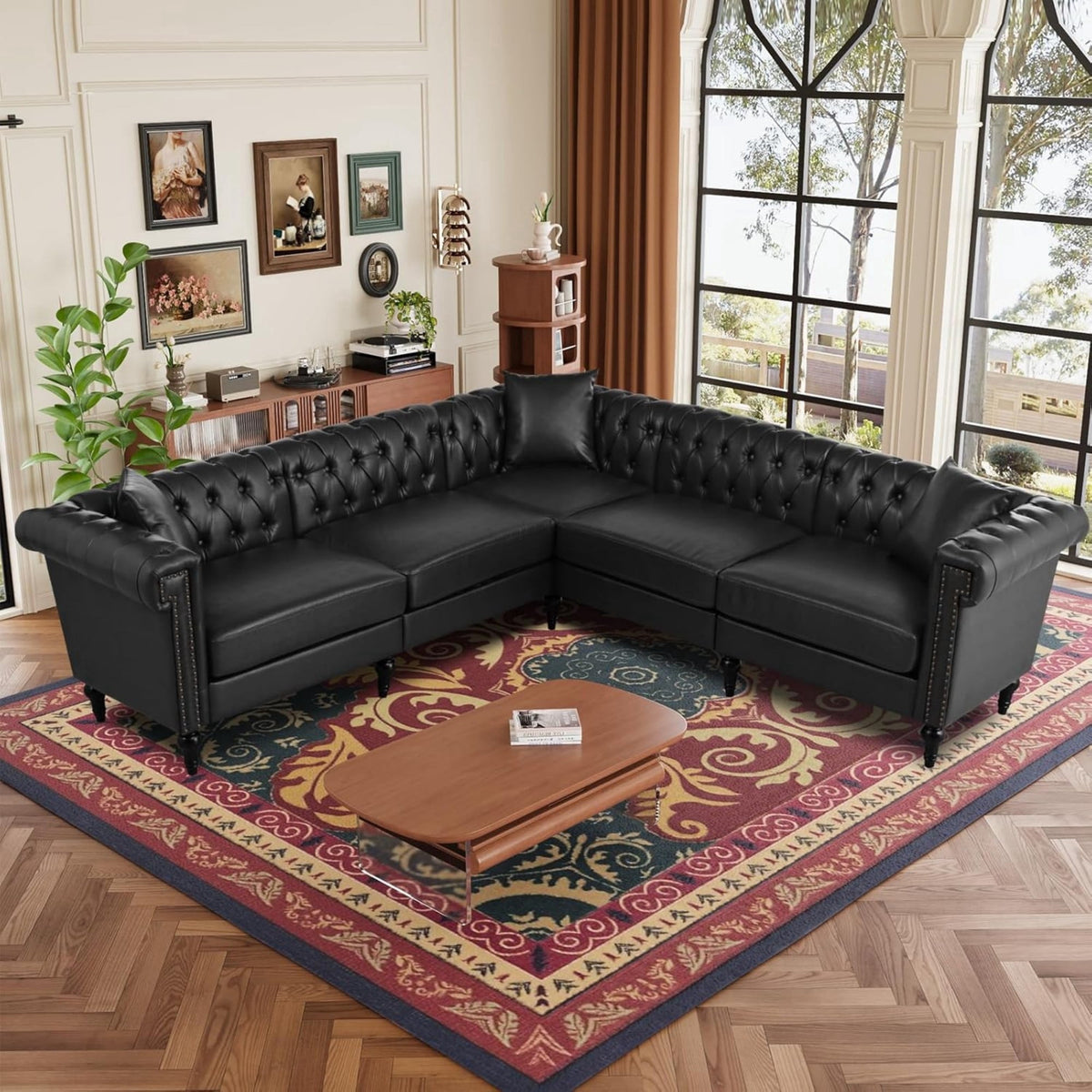  Sectional Sofa, 100" x 100" Chesterfield Sofa with Rolled Arms and Nailhead, 5 Seat Faux Leather Tufted Couch for Living Room Black