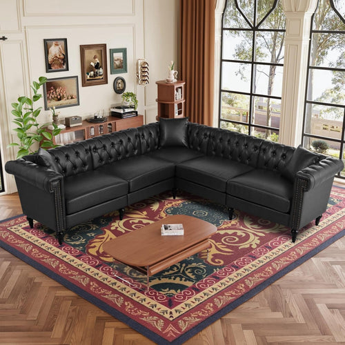  Sectional Sofa, 100" x 100" Chesterfield Sofa with Rolled Arms and Nailhead, 5 Seat Faux Leather Tufted Couch for Living Room Black