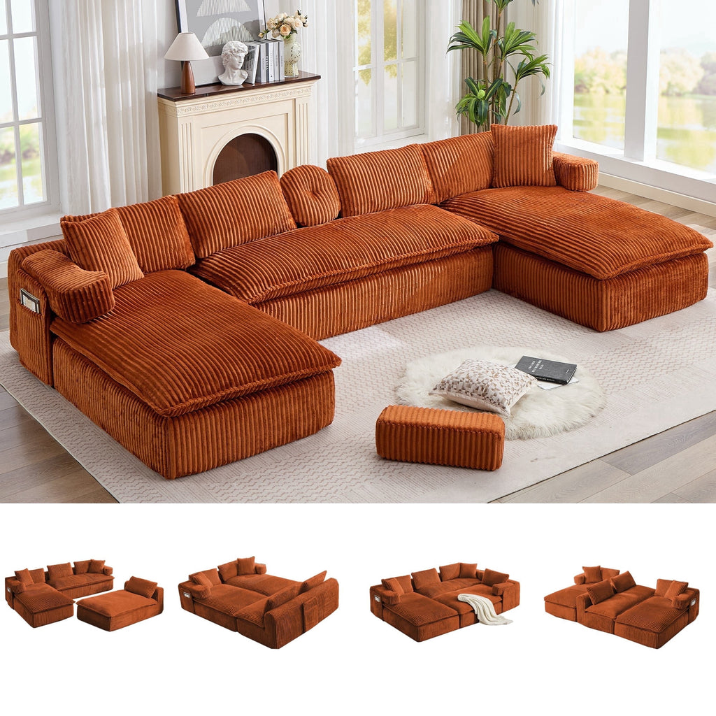 Sectional Sofa, Oversized Sectional Couch Convertible Sofa Bed, 6 Seat Corduroy Sofa Couch with Side Pocket for Living Room, No Assembly Orange