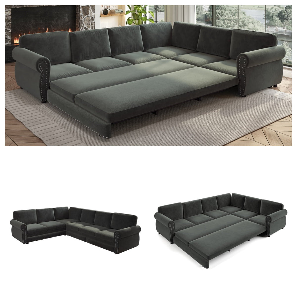  Sectional Sofa, Pull Out Sofa Bed King Size, 6 Seat Chenille Sofa Couch Convertible Sleeper Sofa Bed for Living Room Dark Gray