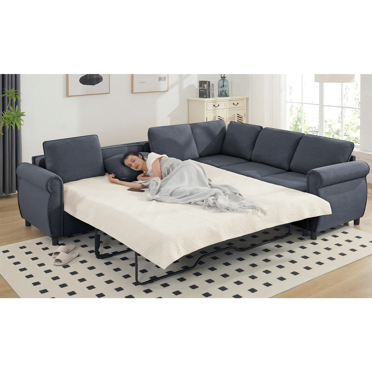  Sectional Sofa, Pull Out Sofa Bed Queen Size, 6 Seat Sofa Couch Convertible Sleeper Sofa Bed for Living Room Gray