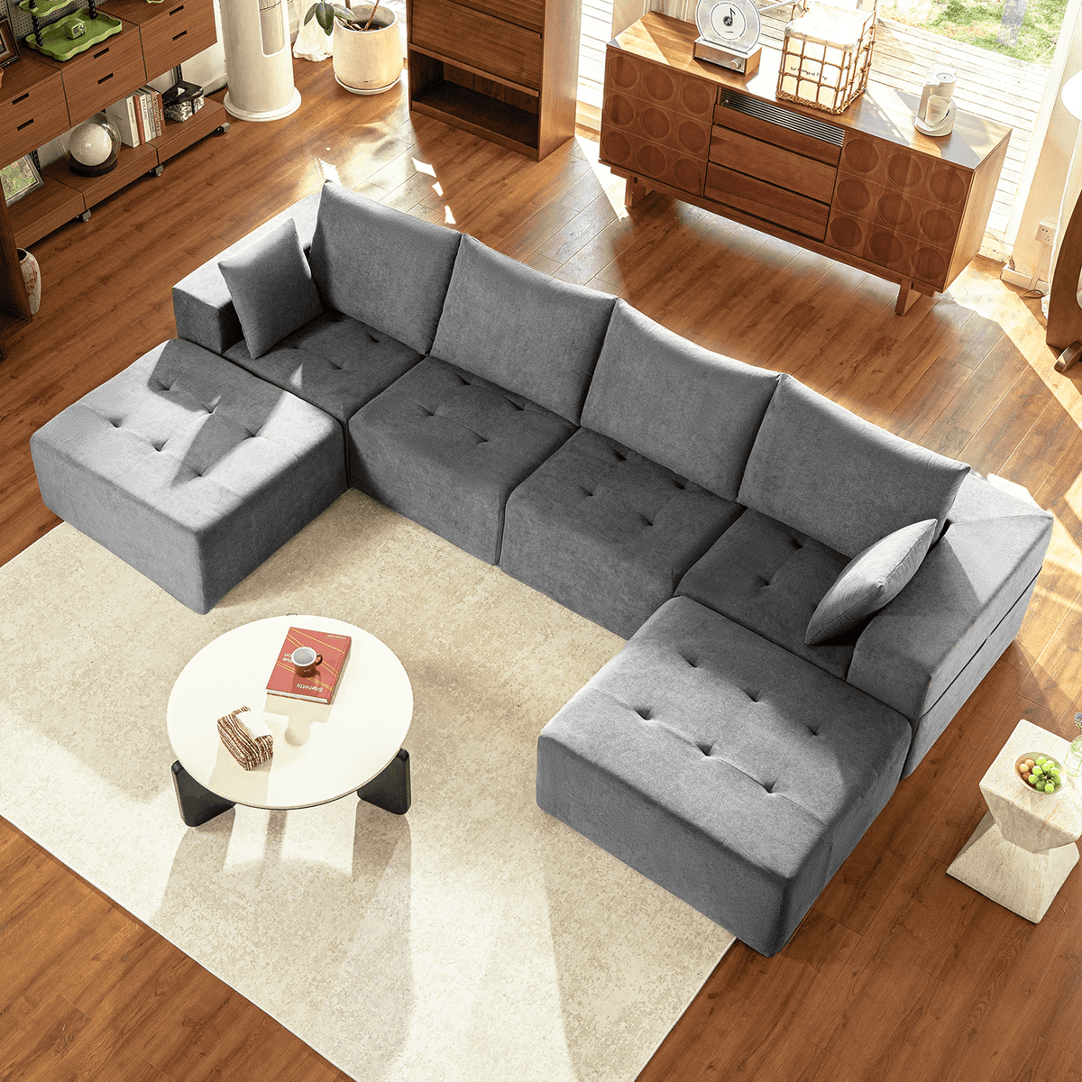  Modular Sectional Boneless Couch, Chenille Tufted Sectional Couches for Living Room, No Assembly U Shape Cloud Sofa with Throw Pillows & Storage Side Pocket (Gray)