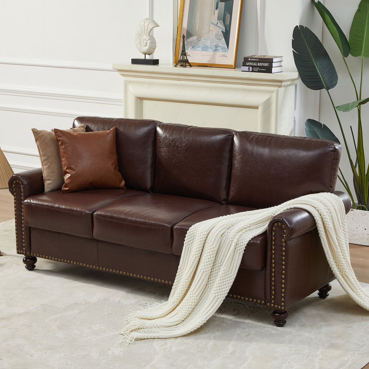 LeChapitre Faux Leather Sofa with Storage Seats, Classic 3-Seater Couch with Nailhead Trim (Dark Brown)