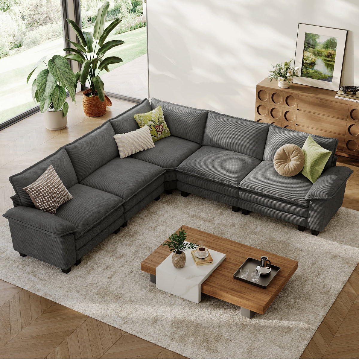 SOLIA 4-Seat U-Shaped Cloud Modular Sectional Couch Corduroy with Movable Ottoman