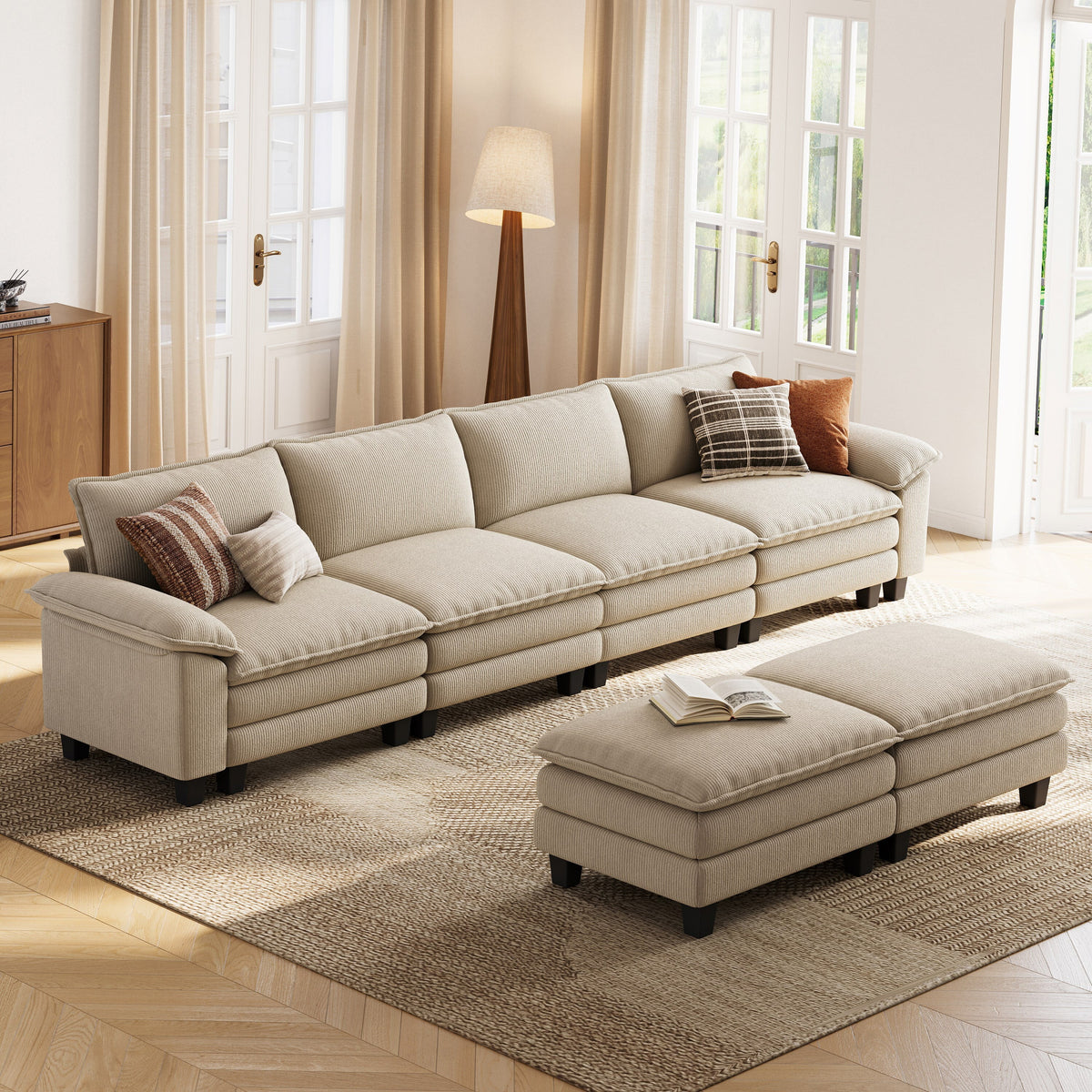 SOLIA 4-Seat U-Shaped Cloud Modular Sectional Couch Corduroy with Movable Ottoman