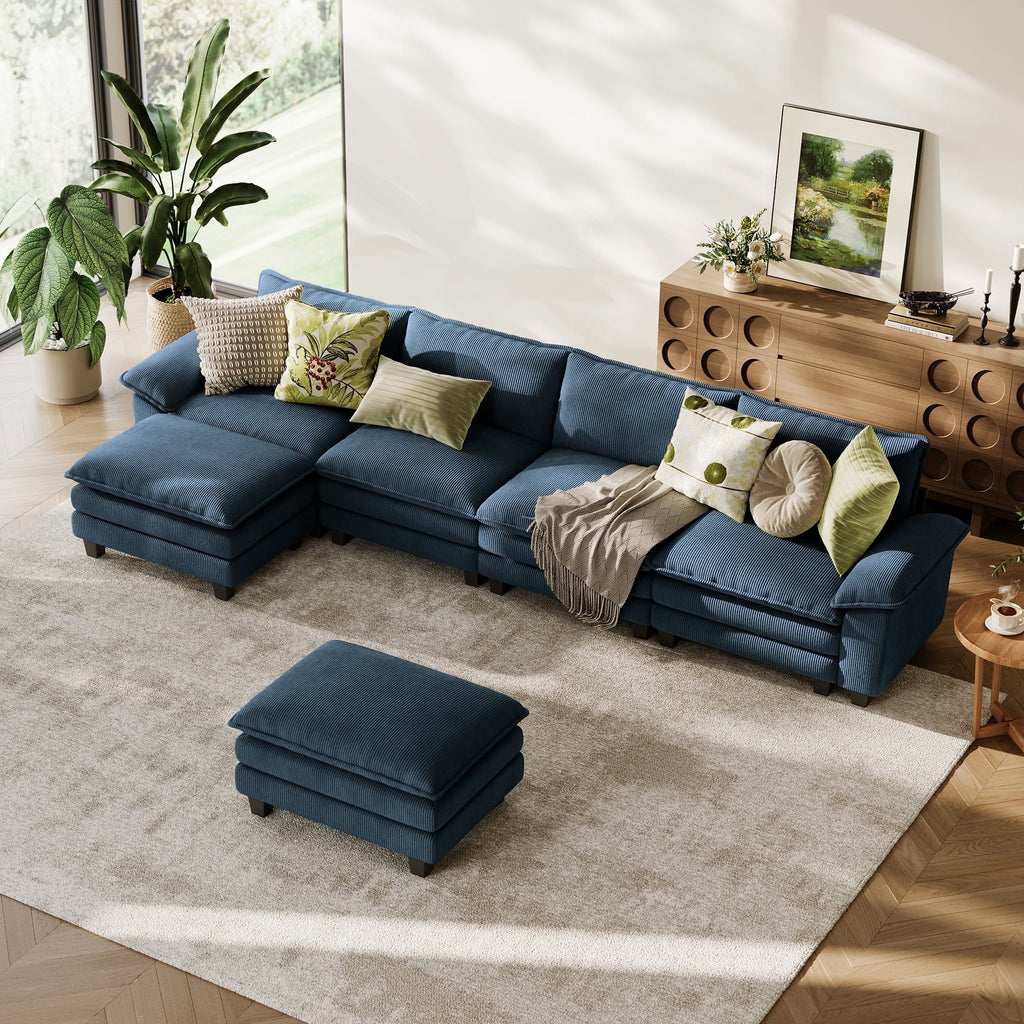 LINSY Home Modular Sectional Sofa for Living Room, U-Shaped Cloud Sofa Couch with Corduroy Fabric, 4 Seater Sofa Couch with 2 Ottomans, Blue