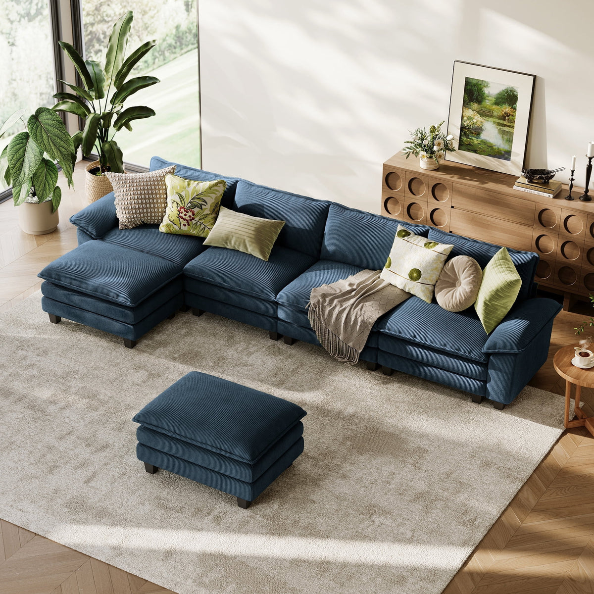 LINSY Home Modular Sectional Sofa for Living Room, U-Shaped Cloud Sofa Couch with Corduroy Fabric, 4 Seater Sofa Couch with 2 Ottomans, Blue