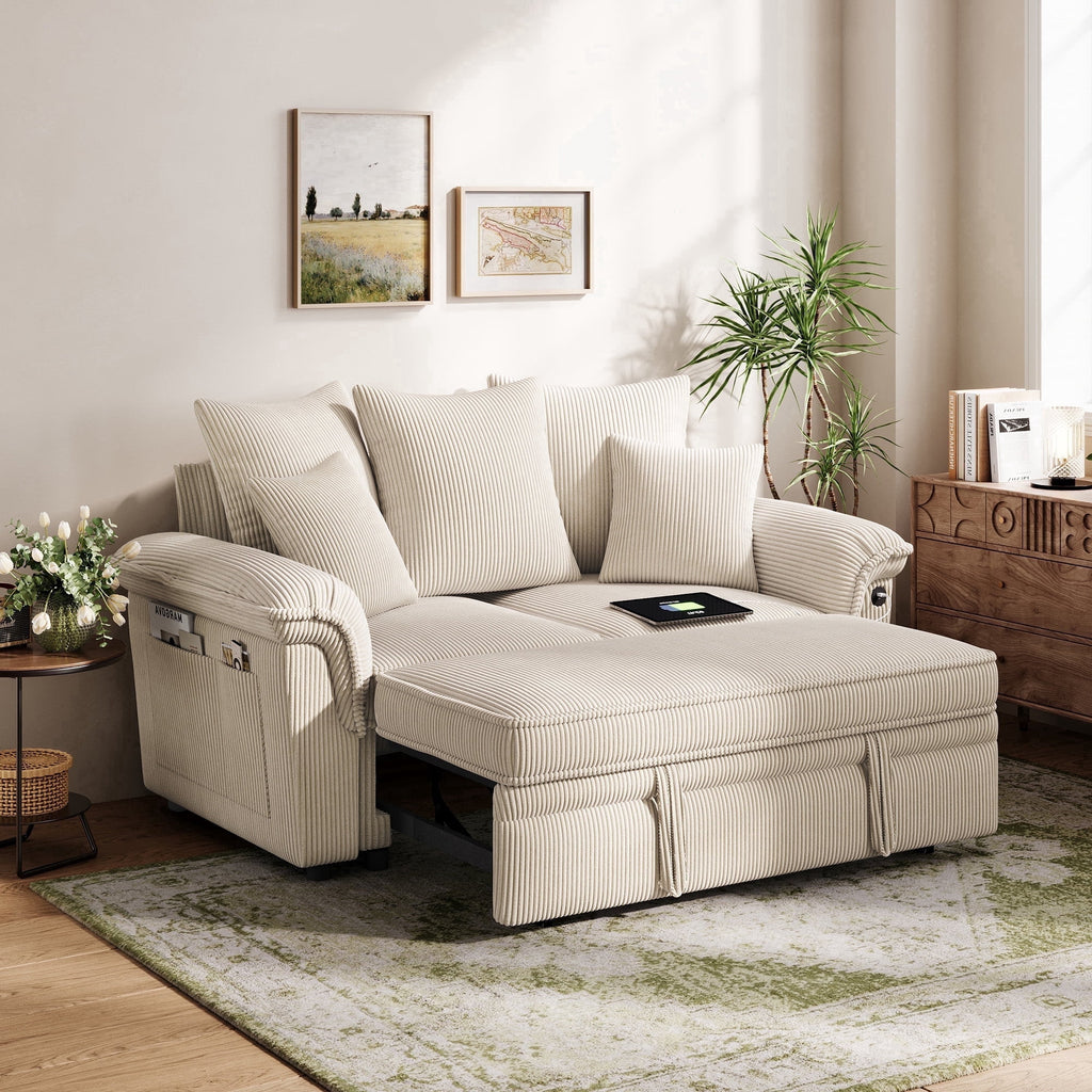 SOLIA 90.5" L-Shaped Sleeper Sectional Sofa Bed Corduroy with USB Charging & Chaise Lounge