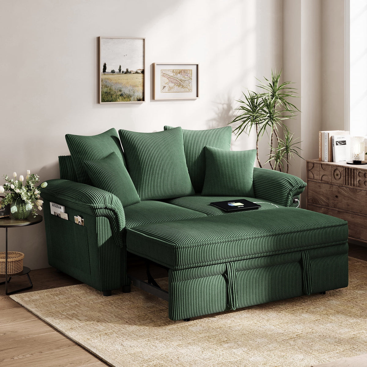 SOLIA 90.5" L-Shaped Sleeper Sectional Sofa Bed Corduroy with USB Charging & Chaise Lounge