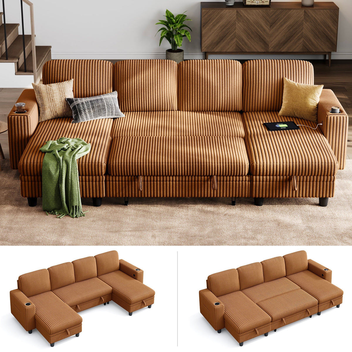 SOLIA L-Shaped Sleeper Sectional Sofa Bed with Cup Holders