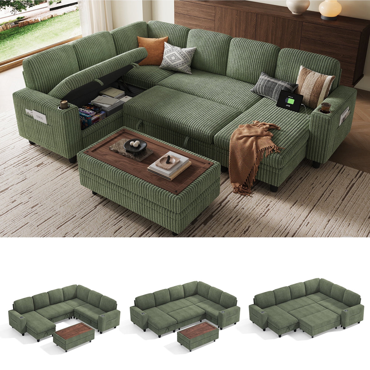  6 Seaterss Sectional Couches for Living Room, Sleeper Sofa Bed with Storage Seat, Pull Out Couch Bed with Ottoman, Dark Green