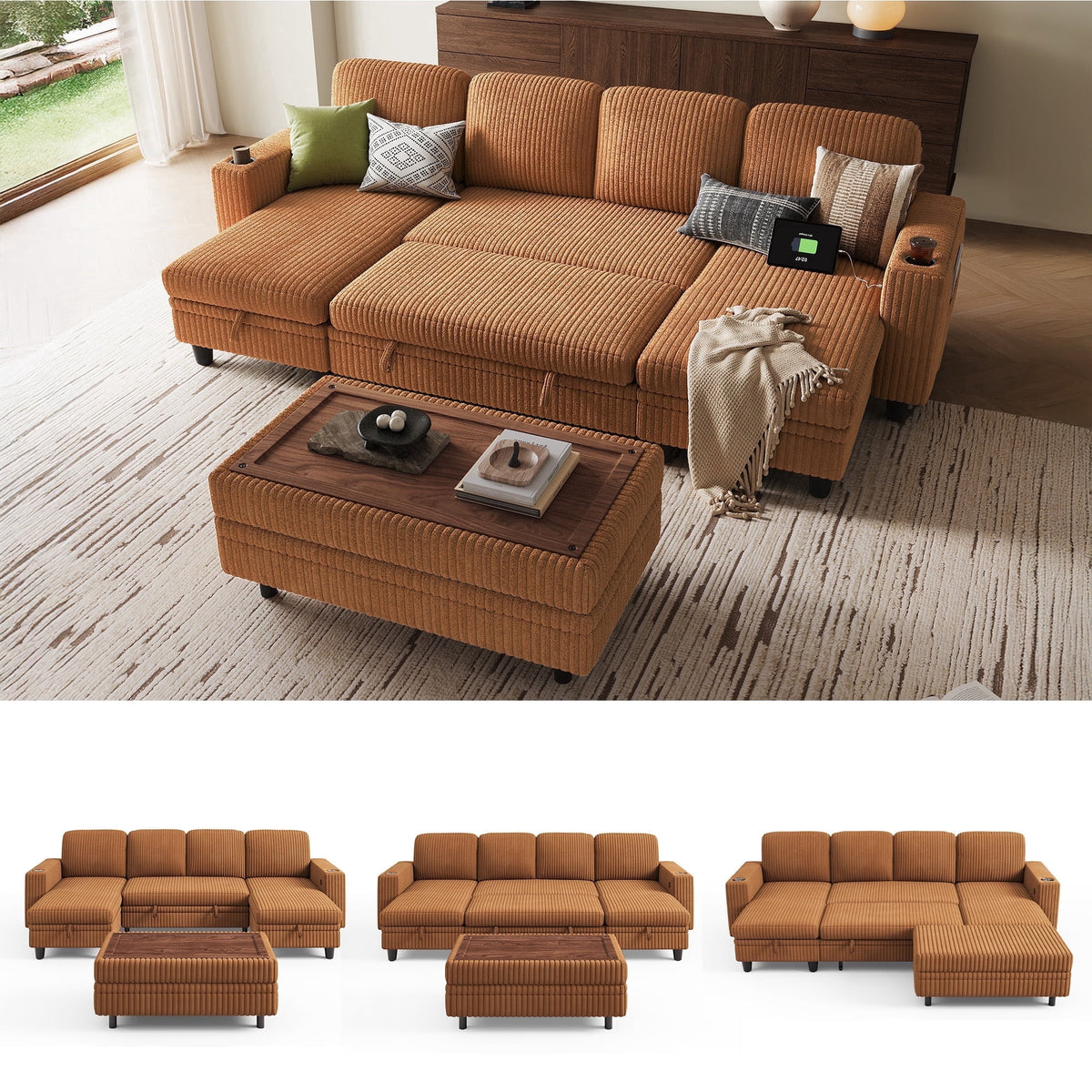 SOLIA 6-Seat L-Shaped Sleeper Sectional Sofa Bed with Storage Ottoman