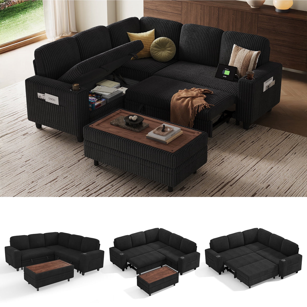 SOLIA 6-Seat L-Shaped Sleeper Sectional Sofa Bed with Storage Ottoman