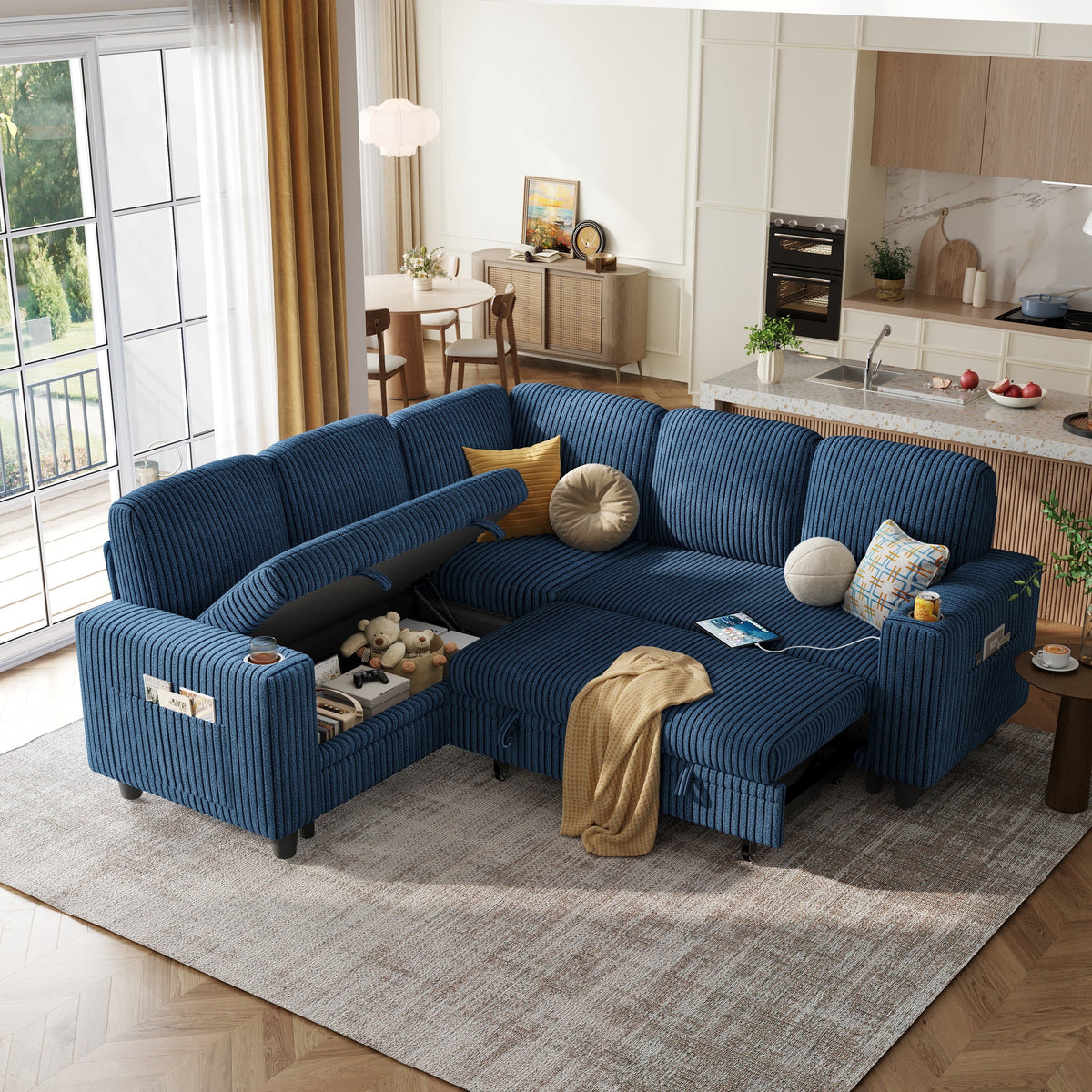 SOLIA L-Shaped Sleeper Sectional Sofa Bed with Cup Holders