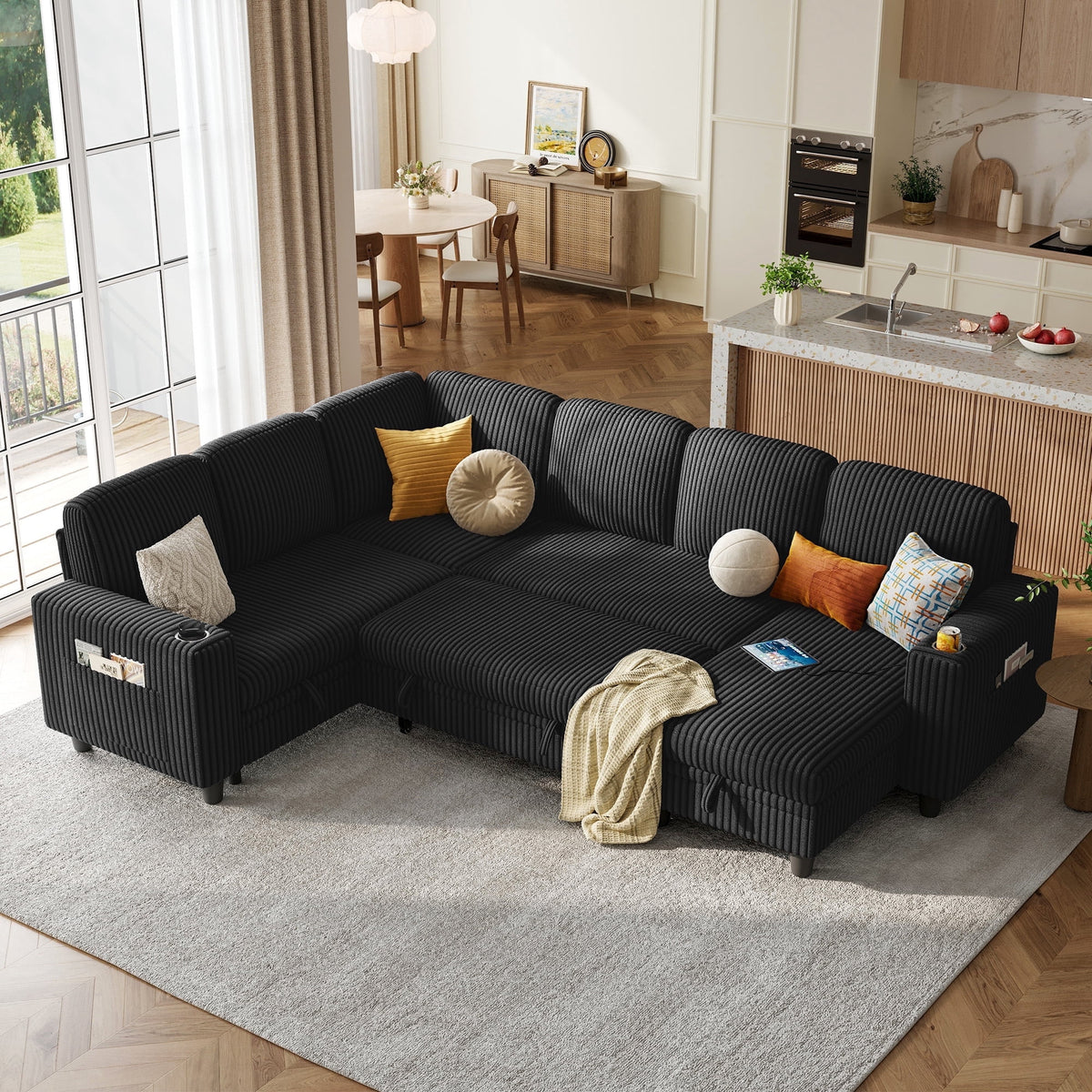 SOLIA L-Shaped Sleeper Sectional Sofa Bed with Cup Holders