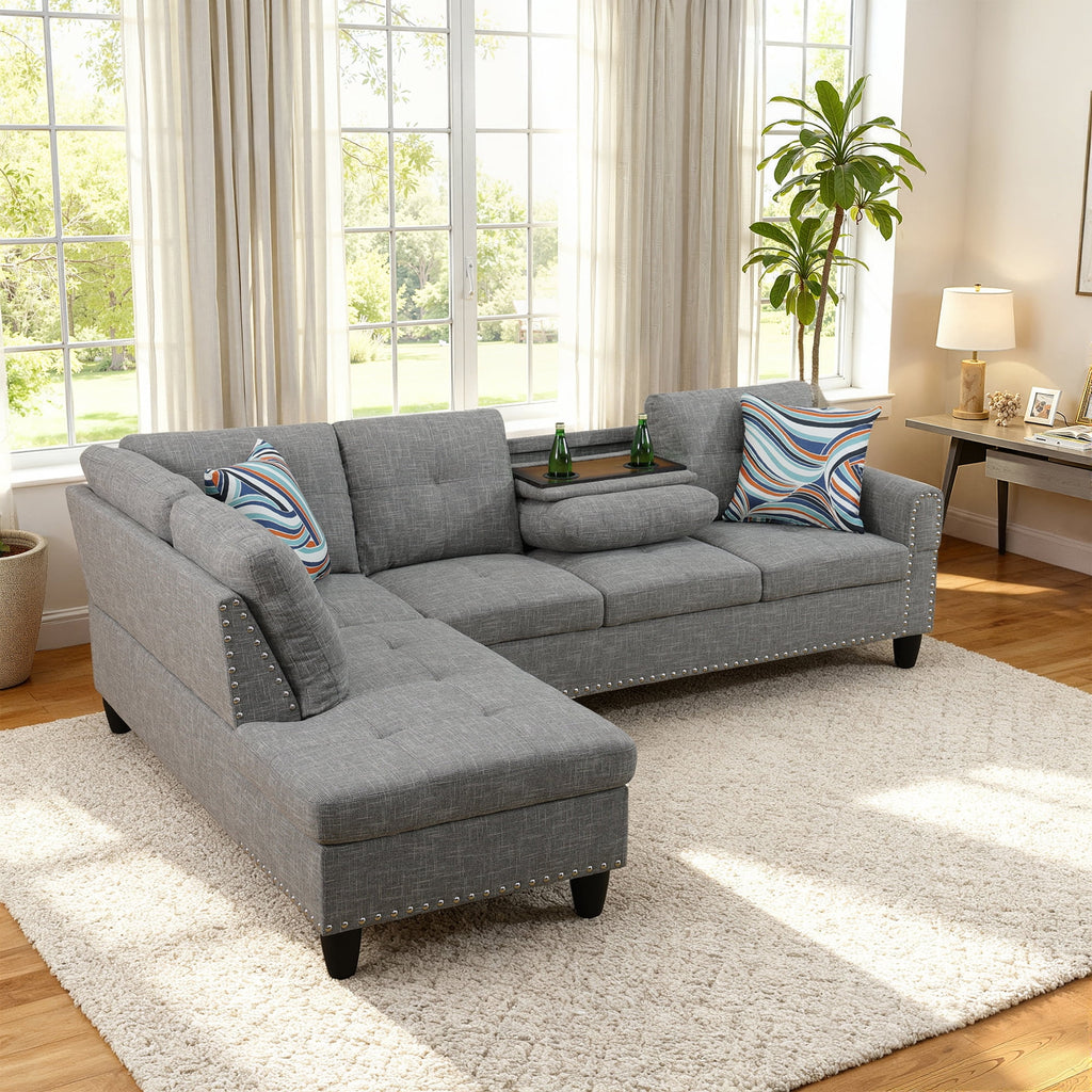 MAYEERTY 97.5" Linen Sectional Sofa, 2-Piece Modular Couch Sofa Set without Ottoman, Grey (Left)