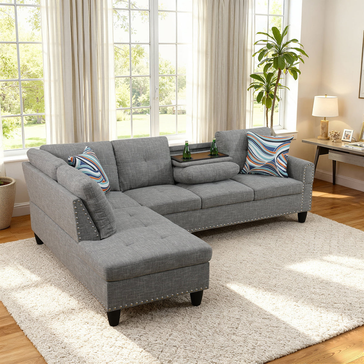 MAYEERTY 97.5" Linen Sectional Sofa, 2-Piece Modular Couch Sofa Set without Ottoman, Grey (Left)
