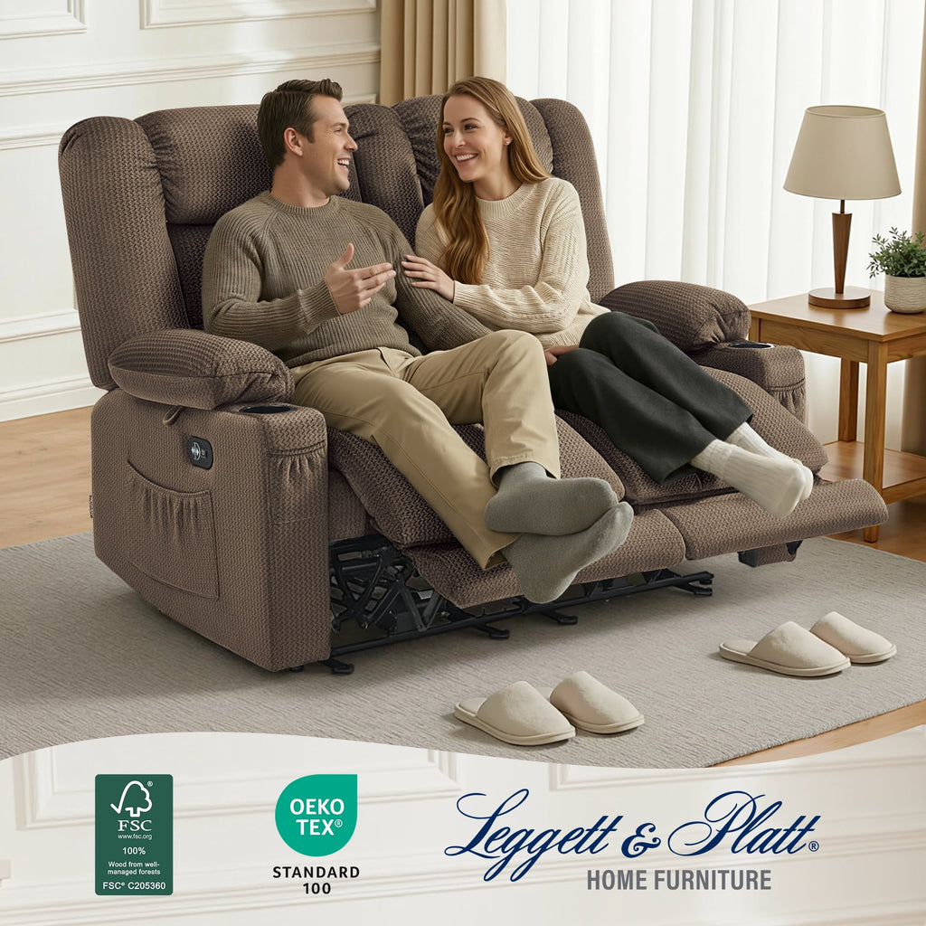 MCombo 55.9" Power Loveseat Recliner Sofa with Heat and Massage for Living Room, Fabric(Dark Brown)