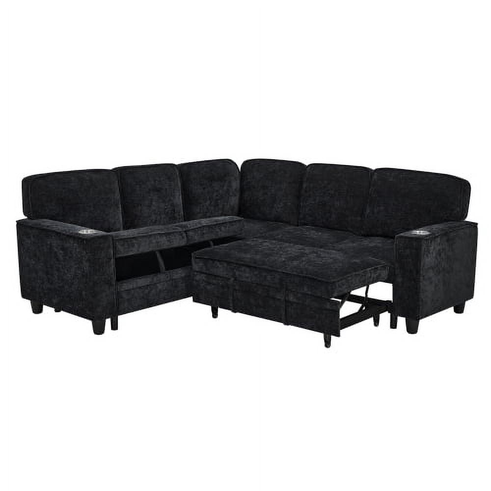  L-Shaped Sofa with Pull Out Sofa Bed, Sleeper Sofa Couch Bed with Storage Seat, 5 Seat Sectional Sofa Bed with USB, Sectional Sofa Couch for Living Room, Apartment,Black
