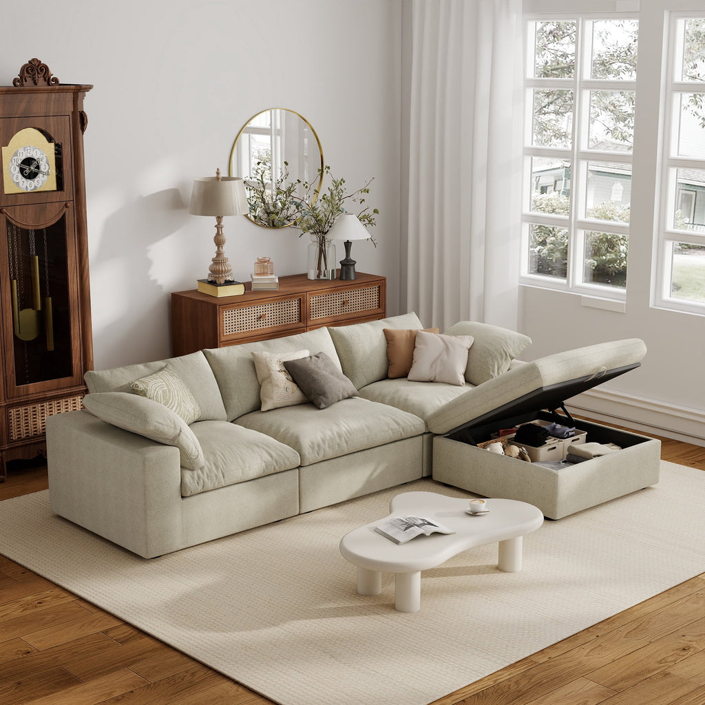 The Magic Home 118" Sofa Couch, Cloud Modular Sectional Sofa with Removable Storage Ottoman, L Shaped Linen Modern Comfy for Living Room, Apartment, Office, DIY Combination, 3 Seater Khaki Couch