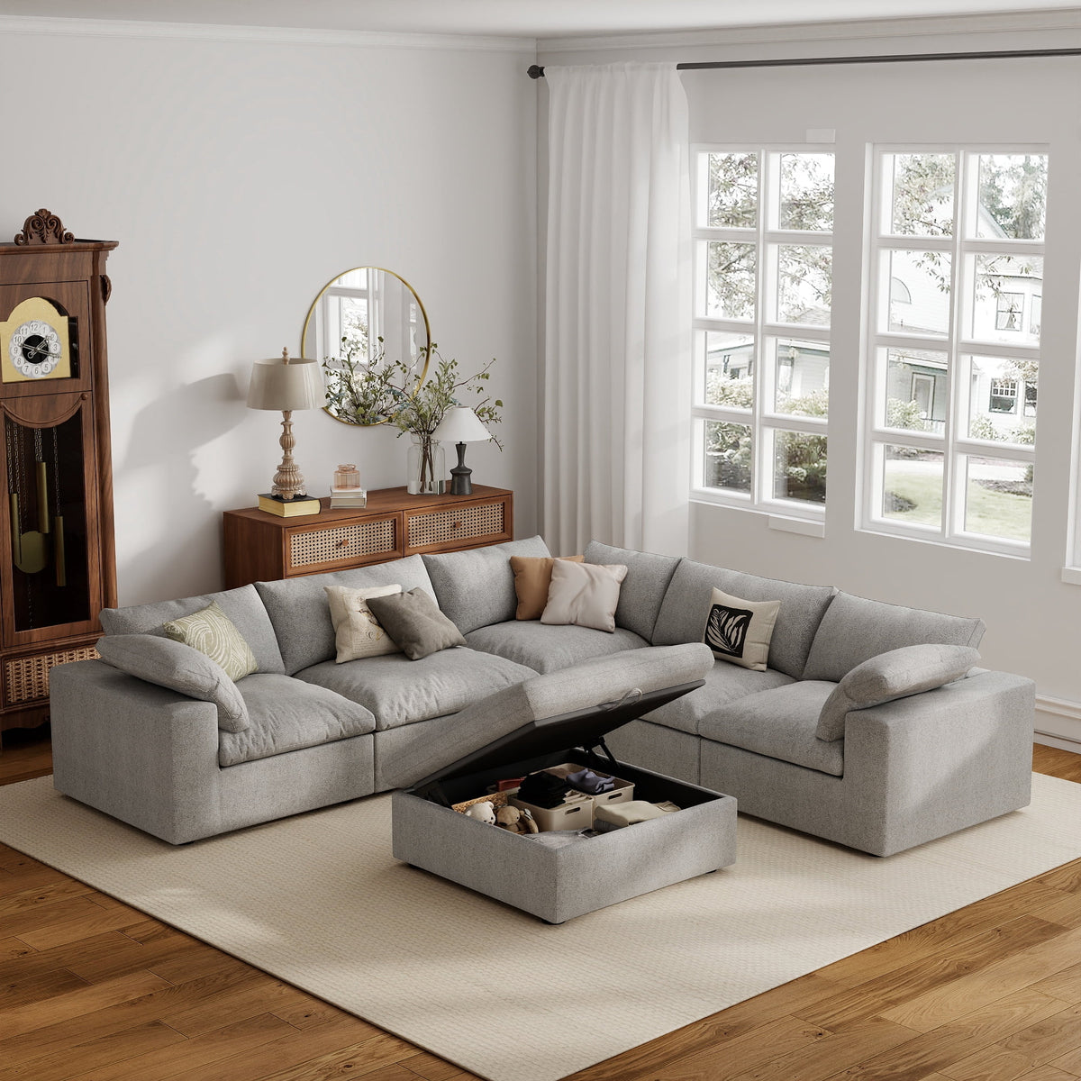 SOLIA 118" 3-Seat L-Shaped Cloud Modular Sectional Couch Linen with Storage Ottoman