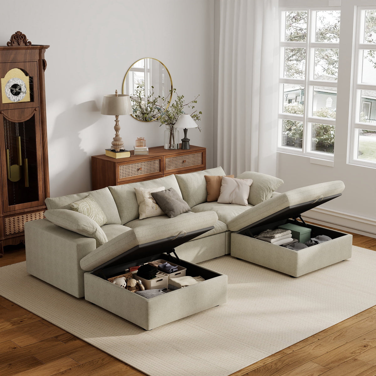 SOLIA 118" 3-Seat L-Shaped Cloud Modular Sectional Couch Linen with Storage Ottoman