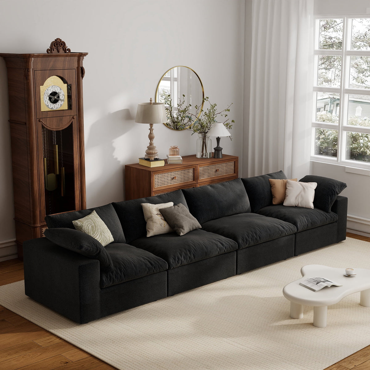 SOLIA 118" 3-Seat L-Shaped Cloud Modular Sectional Couch Linen with Storage Ottoman