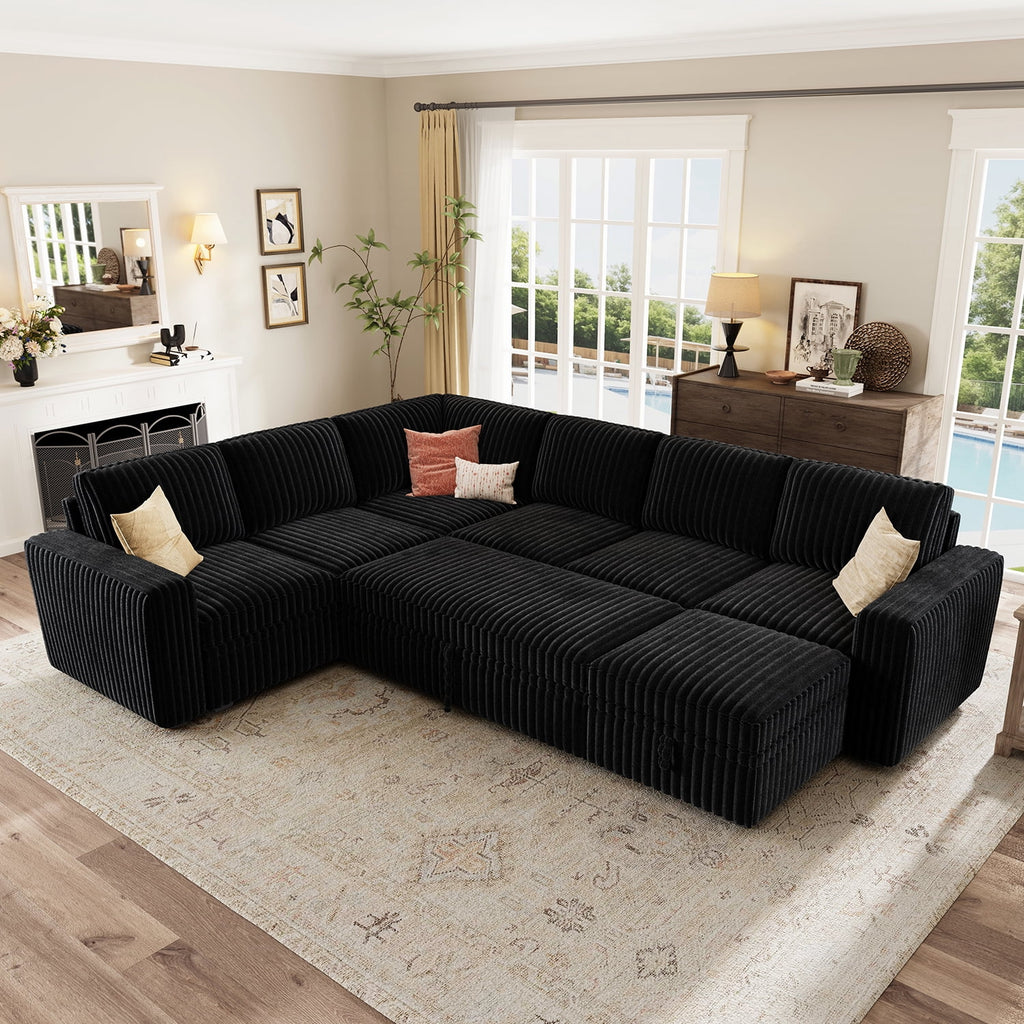 SOLIA 7-Seat U-Shaped Sleeper Sectional Sofa Bed Corduroy with Chaise Lounge