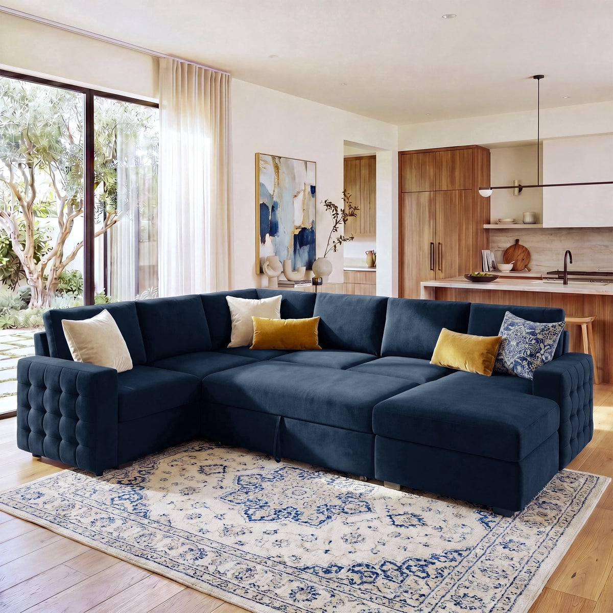 SOLIA U-Shaped Sleeper Sectional Sofa Bed Velvet