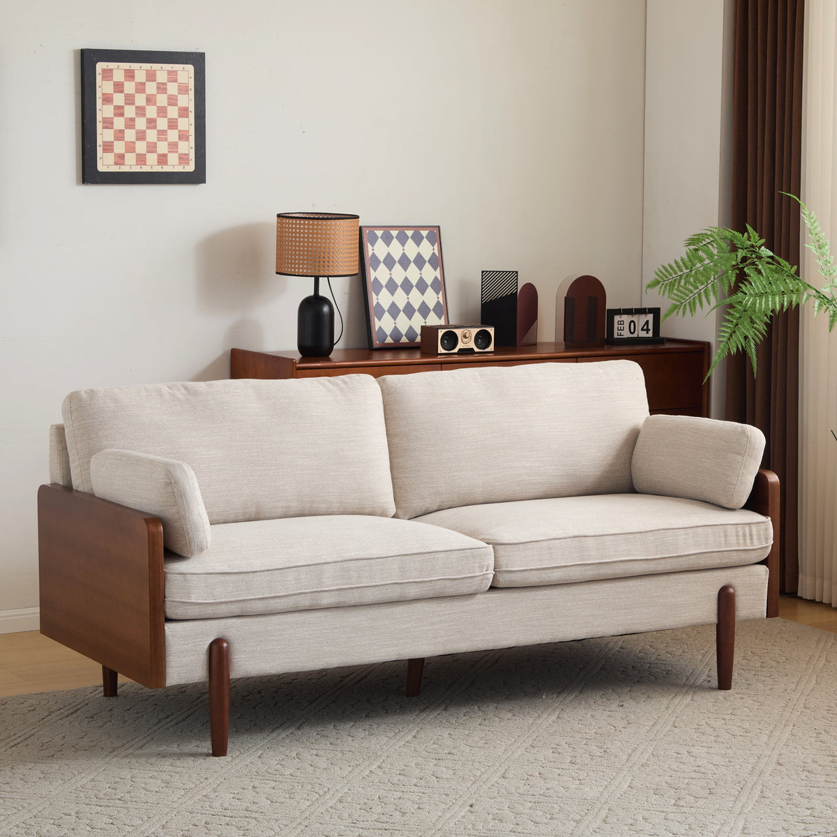 Mid-Century Modern Sofa with Slim Track Arms and Wood Frame, Beige