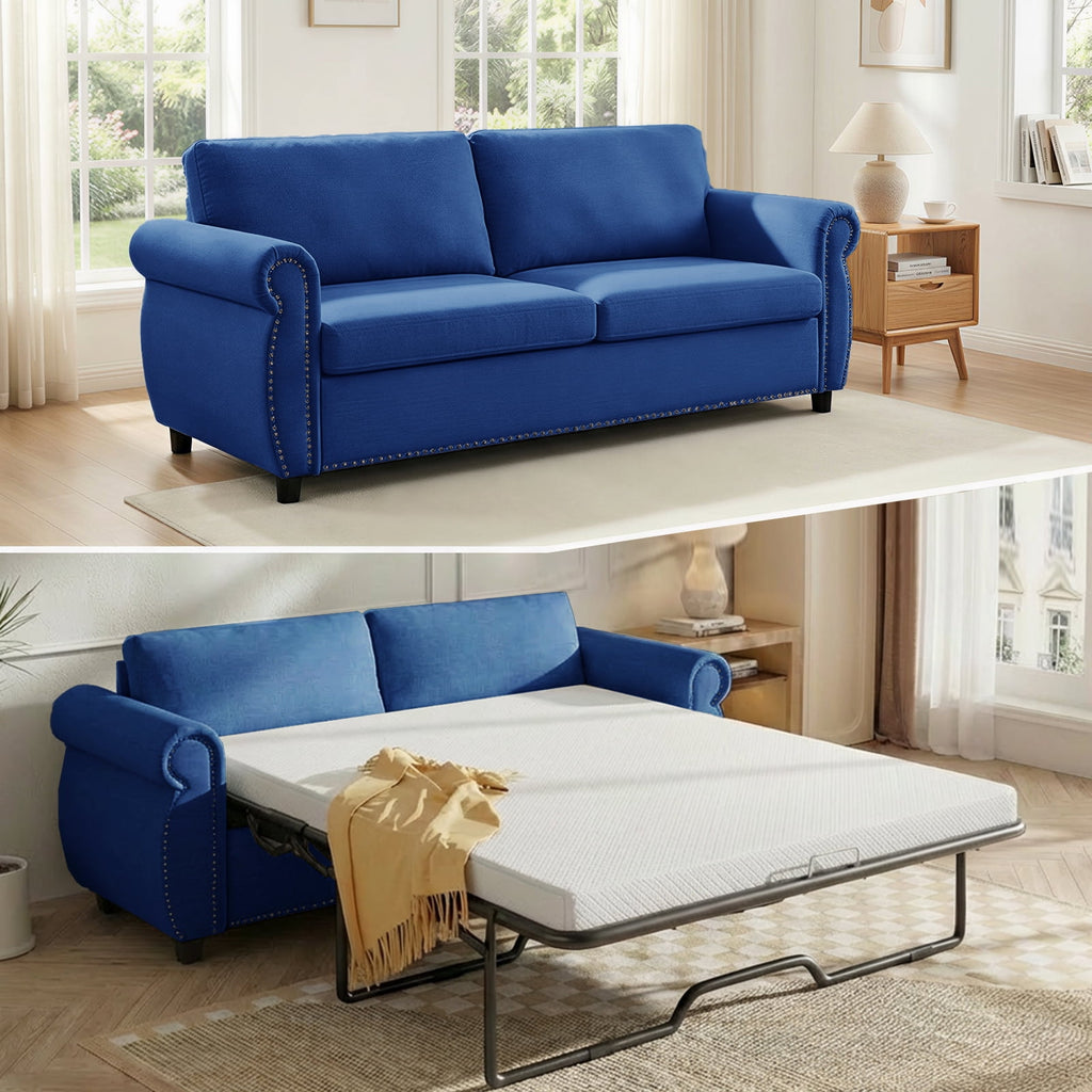 Mjkone Full Size Convertible Pull Out Sleeper Sofa Bed with Mattress for Living Room, Apartment or Office,Blue