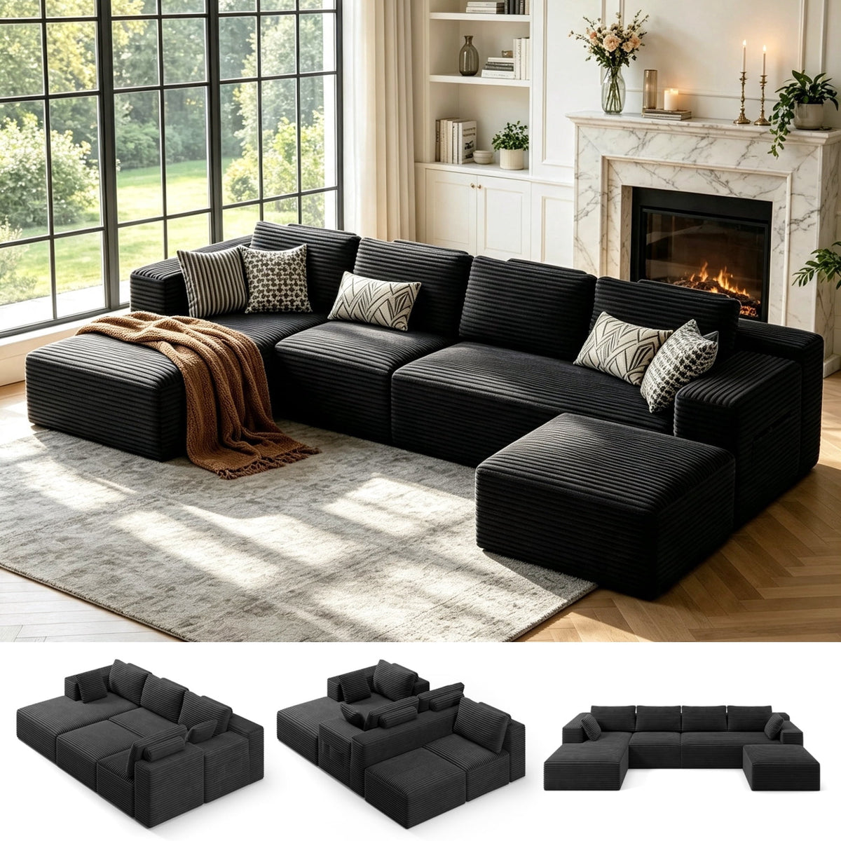 U-Shape Sectional Sofa, 135'' Modular Sectional Couch with Chaise Lounge, Couch Comfy Corduroy Floor Sofa for Living Room, Corduroy Upholstered 4-Seater Sofa with Pillow Back and Square Arms,