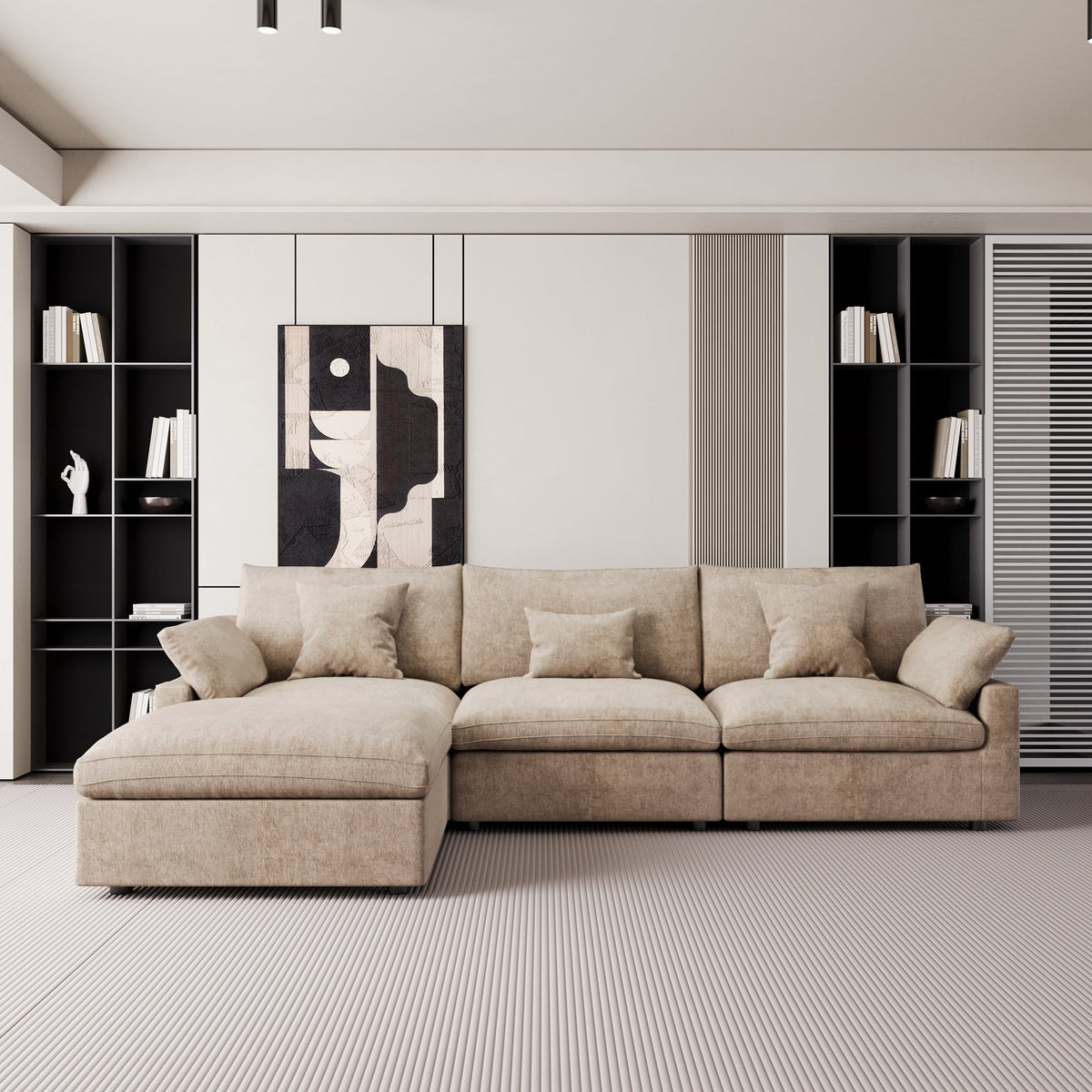 The Magic Home Modular Sofa & Sectional Sofa - L Shaped Deep Seat Cloud Couch in Soft Linen Blend Fabric,Perfect for Apartment & Small Space Living,3-seat Sofa with Ottoman,Khaki Couch