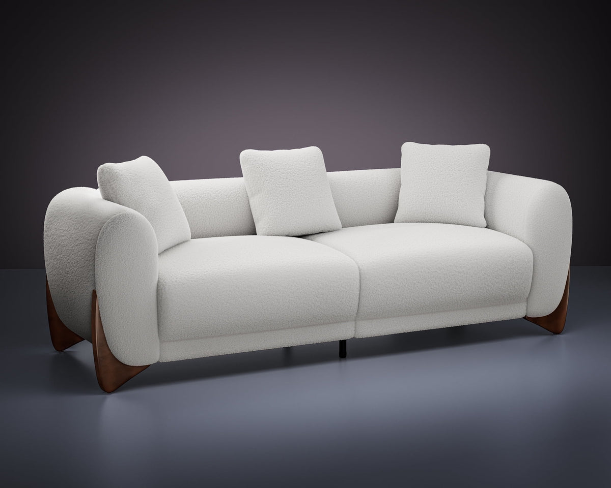 Morden Fort 87" W Cloud White Sofa Boucle Sherpa Couch, Upholstered Comfy Couch with Crescent Wood Legs and 3 Matching Pillows